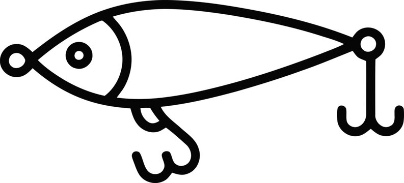 Fishing lure icon, minimalist line art of a fish-shaped bait with hook