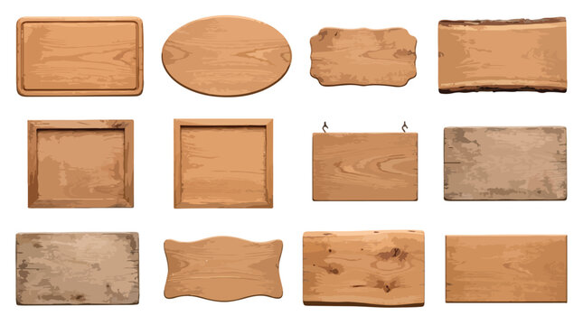 Rustic wooden signs collection, 12 blank timber planks and hanging boards vector, vintage wood texture frames for signage and labels