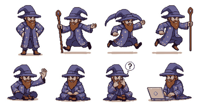 Magical wizard cartoon character set in different poses.