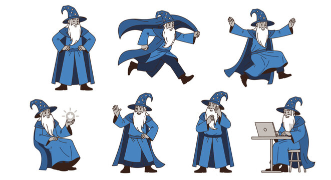 Magical wizard character set in various mystical poses.