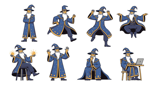 Magical wizard character set with various poses and spells.