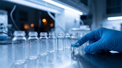 Fototapeta premium Blue Gloved Scientist Arranging Sample Vials In Research Laboratory