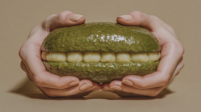 Surreal image of human male hands holding a green avocado with human teeth inside as a creative concept