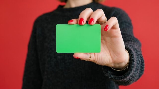 Woman holding a green blank card with red nails and gold rings