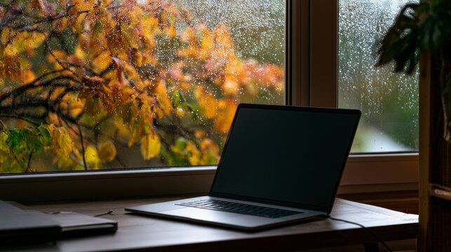Cozy workspace by window with laptop and autumn leaves on a rainy day