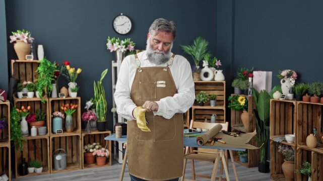 Man florist in apron pulls on yellow gloves with hands while wrapping flowers and twine on a work table in a studio; calm focus.