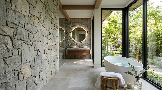 Luxury spa bathroom with stone wall freestanding tub garden view