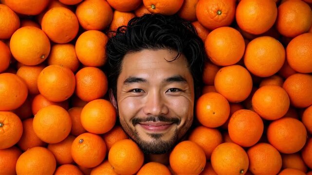 Man's Face Peeking Through Pile of Fresh Oranges