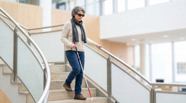 Blind person walking stairs in modern indoor space for International White Cane Day  