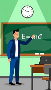 Teacher explaining physics theory in modern classroom setting.