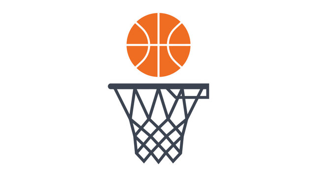 Minimalist flat vector illustration of an orange basketball hovering above a dark grey metal hoop
