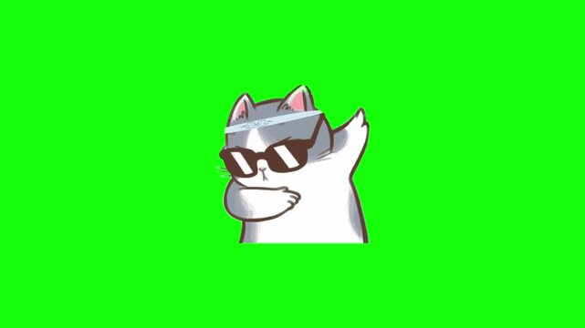 Animated Cat Wearing Sunglasses on Bright Green Screen Background