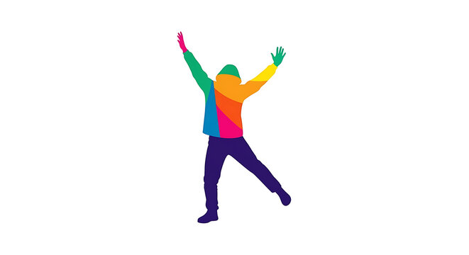 Of a person in a rainbow-colored leotard performing a gymnastics pose colors