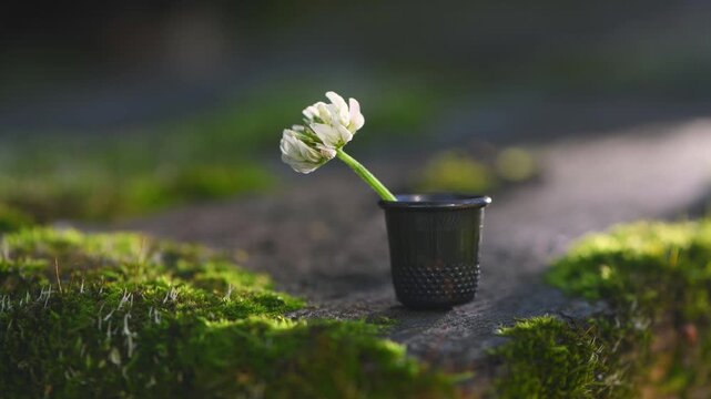 Delicate white clover flower standing gracefully in a tiny thimble vase, providing a whimsical miniature scene nestled among vibrant green moss in a natural outdoor setting