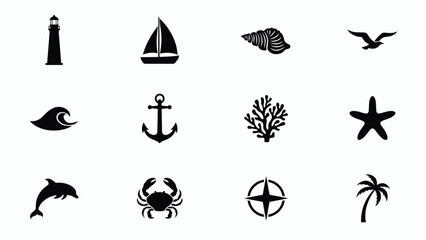 Obraz premium Minimalist black and white nautical icons collection featuring lighthouse sailboat seashell bird wave anchor coral starfish dolphin crab compass and palm tree for travel