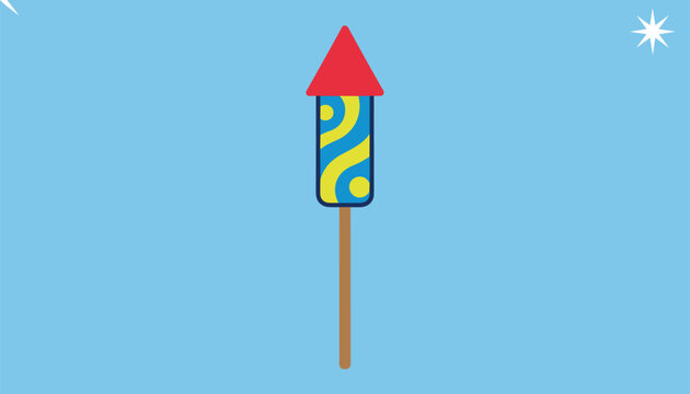 Vibrant firework rocket with a red cone and blue patterned body on a wooden stick isolated on a sky blue background.