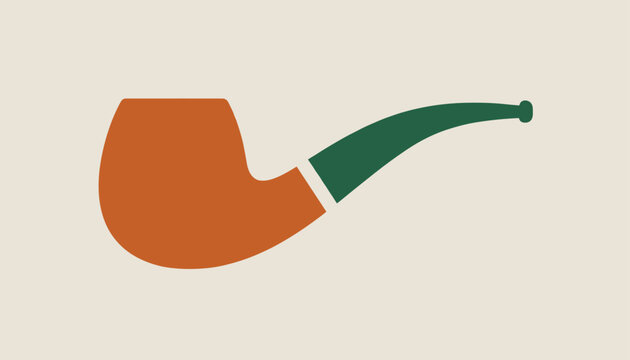 Minimalist graphic of a classic brown wooden tobacco smoking pipe with a curved dark green stem on a beige background.