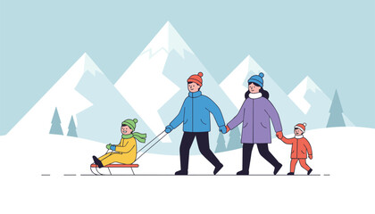 Fototapeta premium Cheerful family walking together in a snowy winter mountain landscape while pulling their young child on a red sled.