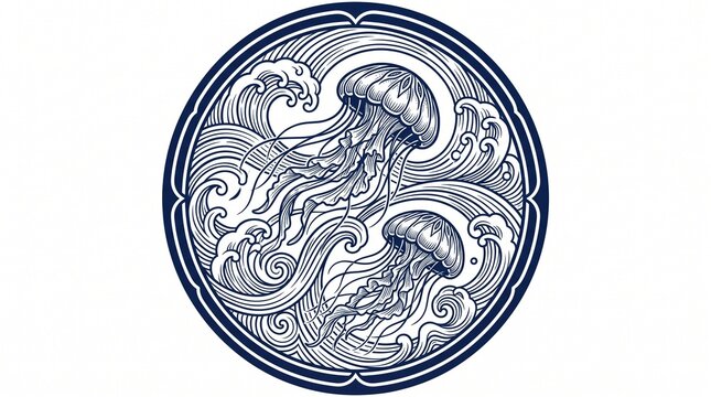 Jellyfish floating in stylized sea waves circular art design with jellyfish