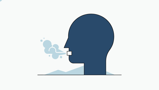 Side profile of a human head silhouette exhaling white cold steam into the chilly winter air on a plain background.