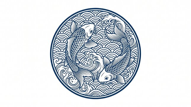 Pair of koi fish swimming in circular wave pattern traditional art with japanese