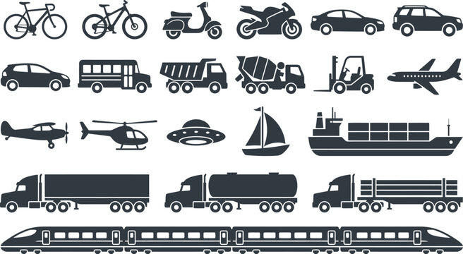 Set of black silhouette vector icons representing various modes of public and private transportation vehicles for modern graphic design projects