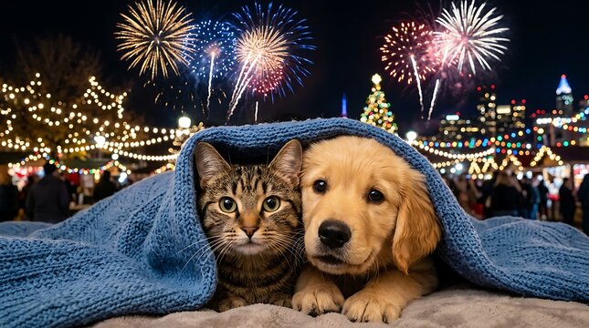 Cute puppy and tabby cat sitting together under a blue knitted blanket with colorful fireworks exploding in the night sky above a city street