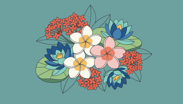 Exotic bouquet of tropical flowers including white plumeria, blue water lilies, and red ixora on a solid teal background.