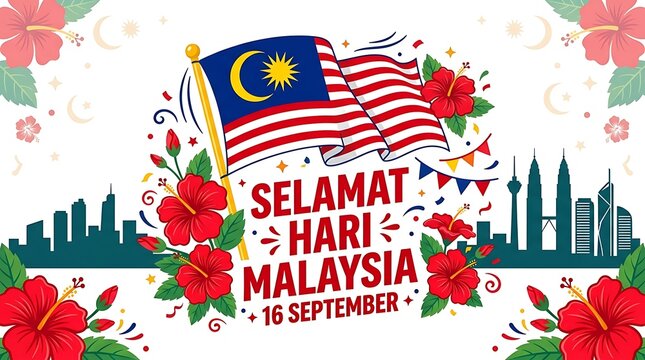 Malaysia day greeting card with national flag silhouette and hibiscus flowers