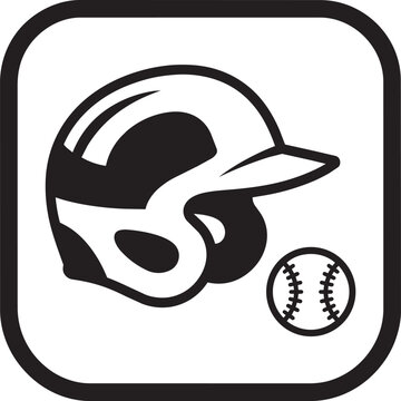 Baseball helmet icon sits next to a standard stitched ball within a rounded square border frame.