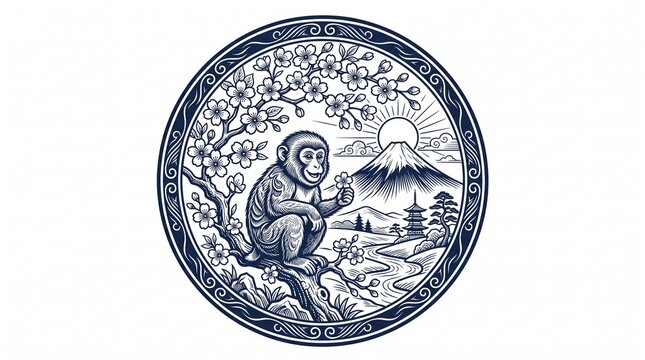 Circular badge featuring a monkey sitting on a tree branch near mount fuji