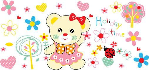 Cute cartoon bear watching a tiny red ladybug on a flower leaf, lovely nature discovery theme vector for children © Newhappy