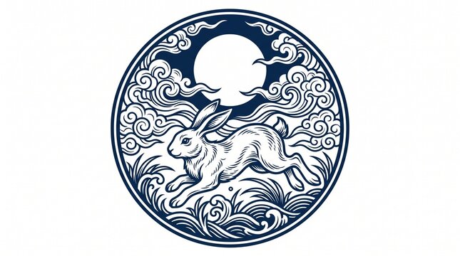 Leaping rabbit in circular emblem with moon and stylized clouds, traditional
