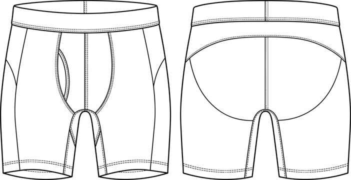 Men's Boxer Brief Underwear Technical Flat Sketch with Front and Back Views Apparel CAD Vector Template
