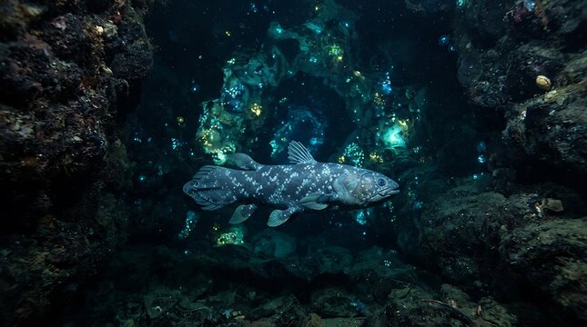 Coelacanth swimming volcanic cave