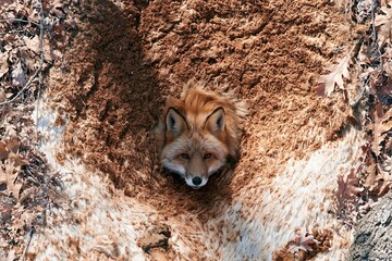 Fototapeta premium Red fox looking up from an earthen burrow surrounded by dry autumn leaves for wildlife education and forest conservation themes