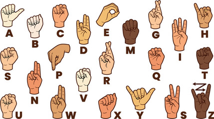 American sign language alphabet collection set with hand gestures for deaf communication cartoon vector illustration isolated on white background © MdEajdani