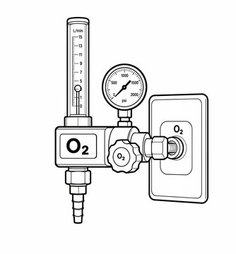 Wall-Mounted Medical Oxygen Flowmeter with Pressure Gauge Educational Line Art Illustration Isolated on White