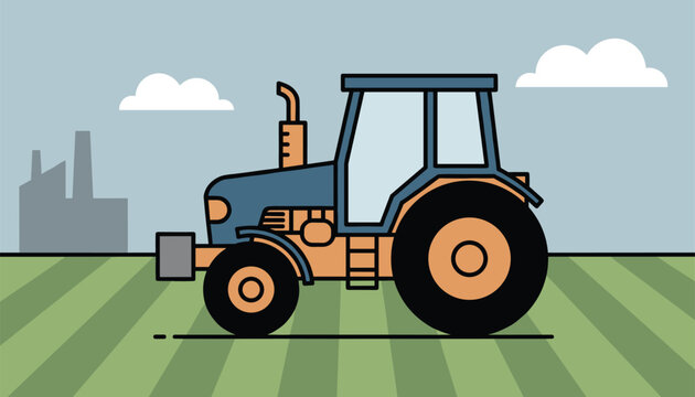 Modern farm tractor working in a green agricultural field in front of a busy city industrial factory background.
