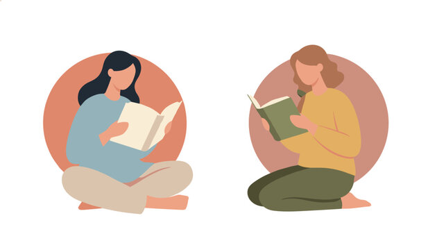 Two female friends sitting on floor and reading books together represents self-care, education, and peaceful lifestyle.