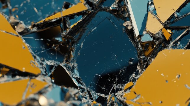 Broken shattered glass fragments closeup.