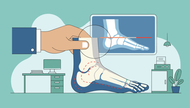Medical illustration of a hand holding a foot model next to an x-ray screen showing foot bone anatomy.