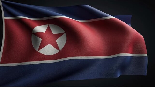 North Korean flag waving in darkness.