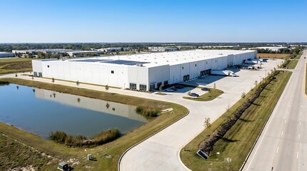 Fototapeta premium Aerial view of a large white modern distribution center and industrial warehouse facility featuring a retention pond and loading docks in a suburban area