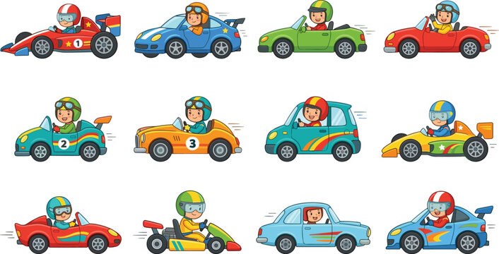 Cute racing car driver collection, cartoon kids vehicle transportation set, colorful motorsport vector illustration, isolated white background design