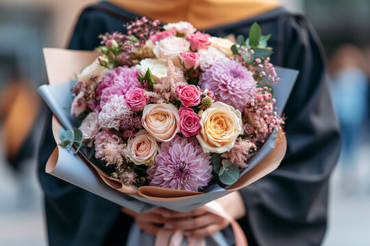 Graduation Flower Bouquet Featuring Roses Chrysanthemums and Soft Pastel Flowers for Graduation Ceremony Celebration and Gift Giving