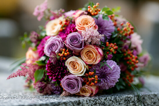 Bouquet of Flowers on a Grave with Lavender Roses and Elegant Blossoms Expressing Remembrance Sympathy and Lasting Tribute