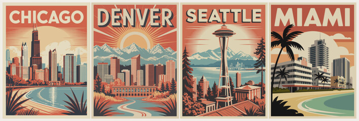 Obraz premium Vintage travel posters for four major cities. Each city depicted with skyline, beach, and iconic landmark. Chicago, Denver, Seattle, and Miami with warm, retro tones. Perfect for travel, tourism