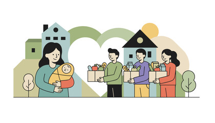 Fototapeta premium Group of warmhearted volunteers distributing food donations in boxes to a mother with her baby in front of houses.