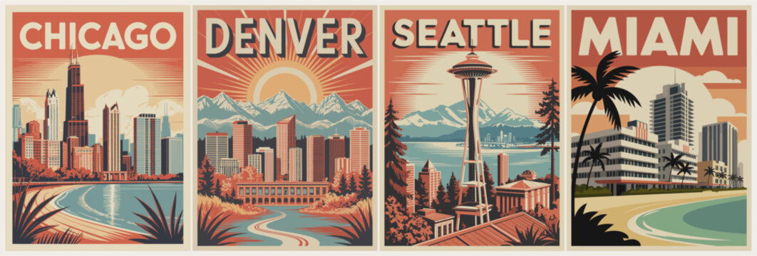 Vintage travel posters for four major cities. Each city depicted with skyline, beach, and iconic landmark. Chicago, Denver, Seattle, and Miami with warm, retro tones. Perfect for travel, tourism